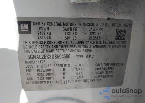 2013 Chevrolet Captiva Sport 2Ls из США, поврежденный, VIN 3GNAL2EK3DS594686